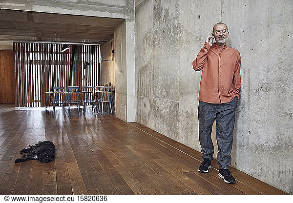 Creative businessman talking on the phone in his minimalistic office  dog lying on the floor