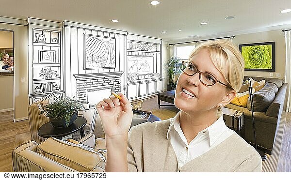 Creative woman with pencil over custom living room and design drawing