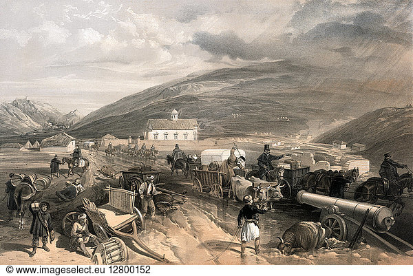 CRIMEAN WAR: SUPPLY ROAD. Wagons,  carts and cannons sink into the mud along the road used for taking supplies from the British-held harbor at Balaklava on the Crimean Peninsula to positions at Sevastopol. Contemporary lithograph,  1853-56,  English,  by William Simpson.