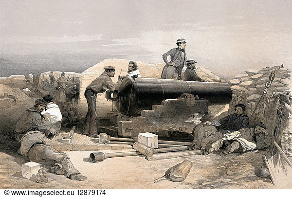 CRIMEAN WAR: ARTILLERY. A Lancaster 68-pounder cannon in the British artillery battery during the Crimean War. English lithograph by William Simpson  1855.