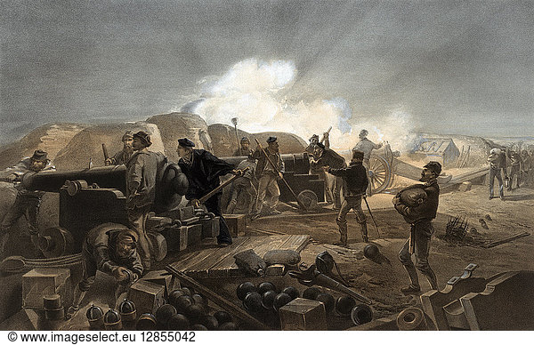 CRIMEAN WAR: ARTILLERY. Cannons and mortars being loaded and fired while men bring in supplies at a British artillery battery at the Siege of Sevastopol during the Crimean War 1855. Contemporary English lithograph by William Simpson.