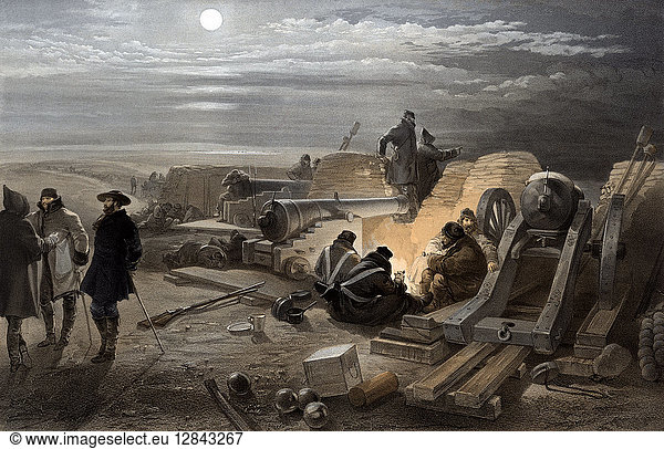 CRIMEAN WAR: BATTERY. The British Greenhill artillery battery during the Crimean War  29 January 1855. Contemporary English lithograph by William Simpson.