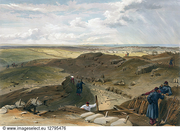 CRIMEAN WAR: SEVASTOPOL. French soldiers at the Russian fortification at Malakoff Hill  during the Siege of Sevastopol during the Crimean War  1855. Lithograph by William Simpson  1856.