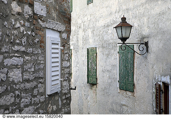 Croatia  Istria  Rovinj  Old buildings in the city with street lamp