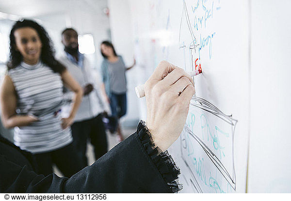 Cropped hand of businesswoman writing on whiteboard with colleagues in background