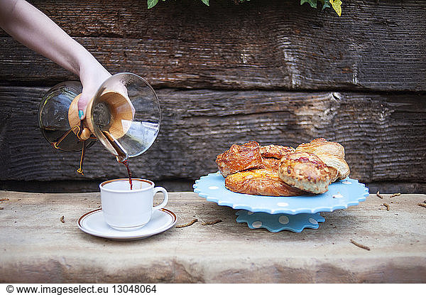 Cropped hand of teenage girl pouring coffee in cup by desserts on table