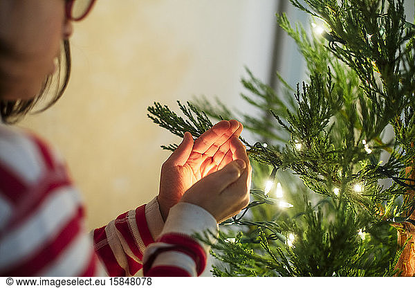Cropped hands Child admiring twilight while setting up Christmas tree at home