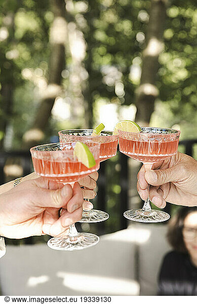 Cropped hands of people toasting drinks at back yard