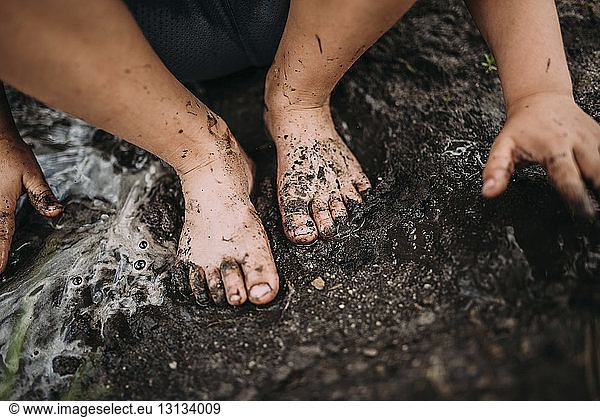 Cropped image of boy playing in mud