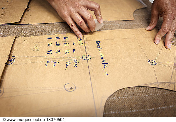Cropped image of designer marking cloth with chalk