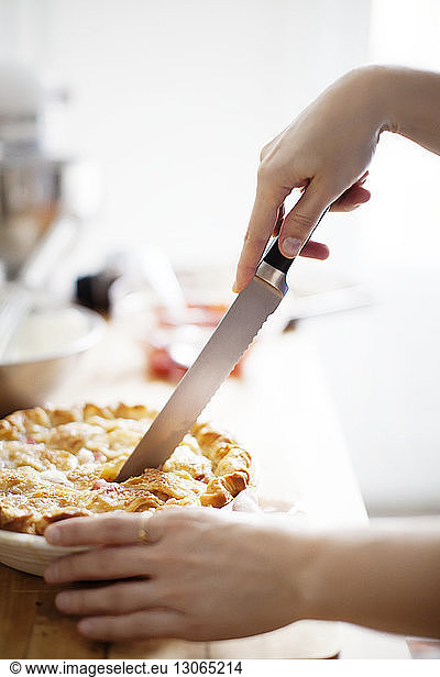 Cropped image of hands cutting pie