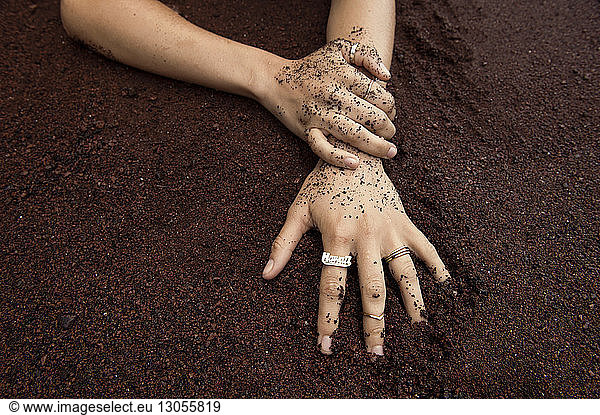 Cropped image of hands on wet sand