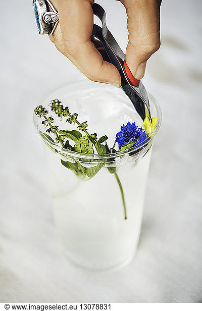 Cropped image of person picking flower from drinking glass with serving tongs