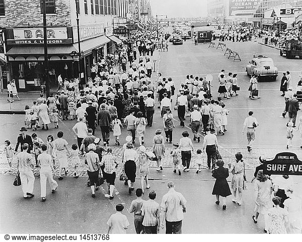 Crowded Street Scene at Intersection of Surf and Stillwell Avenues  Coney Island  New York City  USA  1944