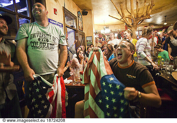 Crowds of spectators watch the World Cup match between England and the USA at a pub in Boulder  Colorado.