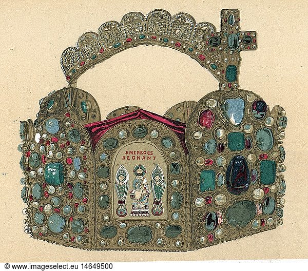 crowns / crown jewels  Holy Roman Empire  imperial crown of the kings and emperors  second half 10th century  chromolithograph  treasury  Hofburg Palace  Vienna  10th century  Middle Ages  medieval  mediaeval  Holy Roman Empire  Imperial Regalia  crown imperial  imperial crowns  hoop crown  crown jewels  gold  gemstone  gem  gems  gemstones  precious stone  precious stones  jewel  jewels  jewellery  jeweled  jeweling  enamel  cross  crosses  religion  religions  Christianity  Jesus Christ  reign  symbol  symbols  crown  crowns  king  kings  emperor  emperors  chromolithograph  chromolithography  treasury  treasure house  treasuries  historic  historical