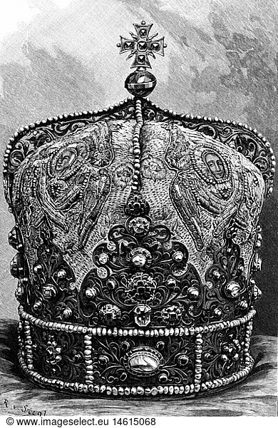 crowns / crown jewels  Russia  Episcopal mitre of Przemysl  supposed crown of king Daniel I of Galicia (1201 - 1264)  1253  brush drawing by Karl Ritter von Siegl  before 1898  13th century  19th century  graphic  graphics  Middle Ages  medieval  mediaeval  Galicia  royal crown  royal crowns  gemstone  gem  gems  gemstones  precious stone  precious stones  jewel  jewels  jewellery  jeweled  jeweling  cross  crosses  religion  religions  Christianity  angel  angels  reign  symbol  symbols  Daniel Romanovych  Dnylo Halytskyi  mitre  miter  bishop's cap  crown  crowns  king  kings  historic  historical