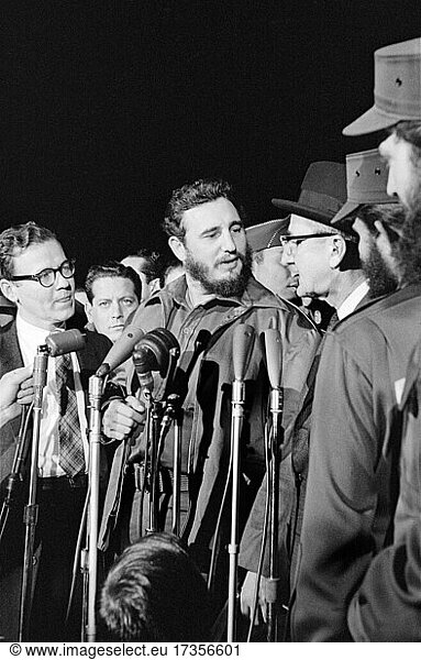 Cuban Leader Fidel Castro speaking at Microphones upon his arrival at Airport  Washington National Airport  Washington  D.C.  USA  Warren K. Leffler  April 15  1959