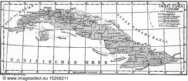 Cuban War of Independence 1895 - 1898  map  Geographische Anstalt Wagner und Debes  Leipzig  circa 1897  Cuban wars of independence  wars  combat area  area controlled by the Spanish  area controlled by the rebels  insurrection  insurgency  rebellion  insurgencies  revolts  rebellions  in revolt  isle  islands  Caribbean Islands  West Indies  Greater Antilles  cartography  map printing  Spain  Spanish colony  colonial war  19th century  war of independence  wars of independence  historic  historical