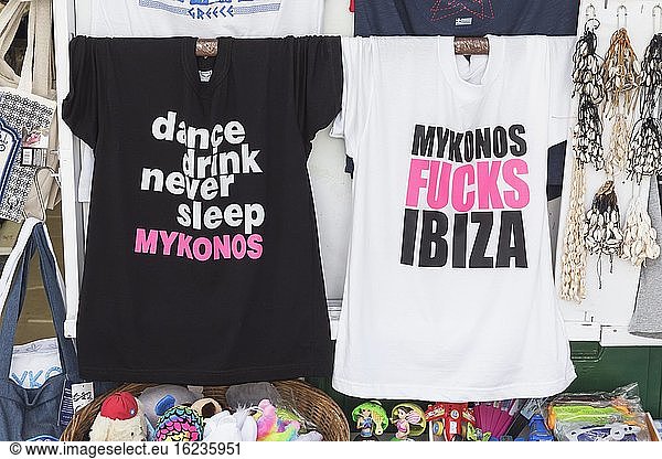 Cult t-shirts on sale  Mykonos Town  Mykonos  Cyclades Islands  Greece  Europe