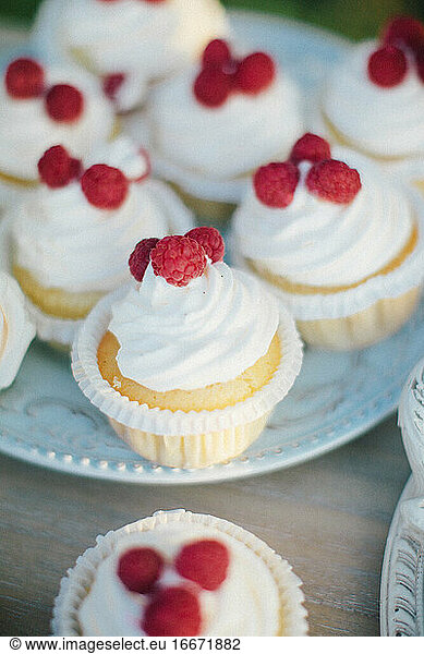 Cupcakes with raspberries on a beautiful plate