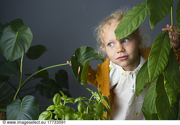 Curious girl standing amidst plants at home