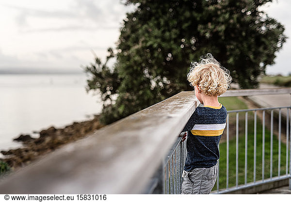 Curly haired child looking over railing in Napier  New Zealand