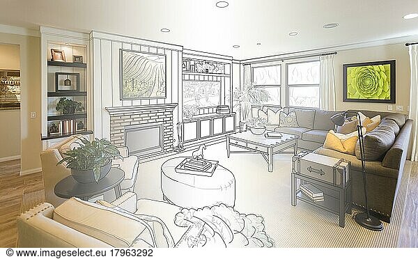 Custom living room drawing gradation into photograph