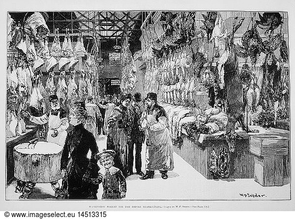 Customers in Butcher Shop  Washington Market the day Before Thanksgiving  Illustration  Harper's Weekly  1874