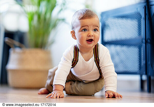 Cute baby boy playing while sitting on floor at home