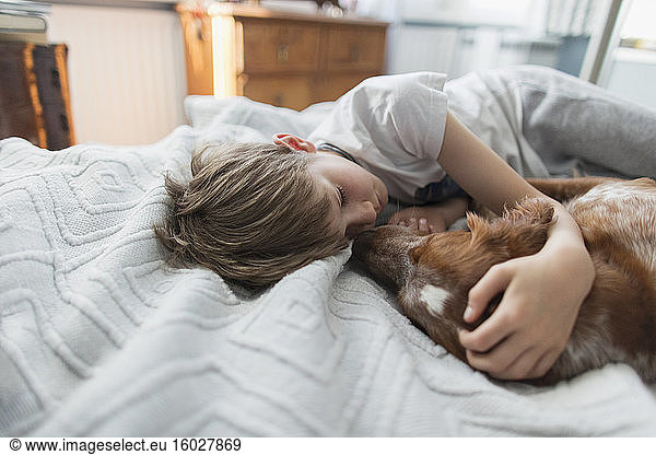 Cute boy cuddling dog on bed