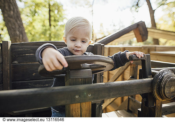 Cute boy playing on play equipment at park