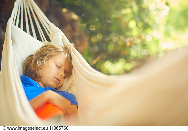 Cute boy reclining in garden hammock asleep