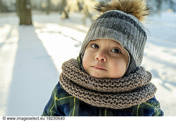 Cute boy wearing scarf and knit hat in winter park