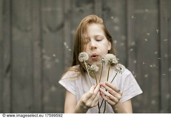 Cute girl blowing dandelions by wall