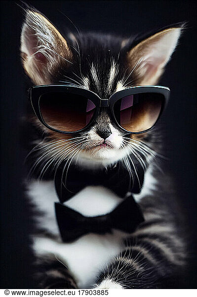 Cute kitten wearing sunglasses and bow ties