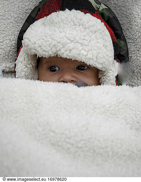 Cute newborn baby in cozy hat in warm winter stroller on winter day