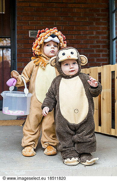 Cute toddlers wearing costumes on front porch