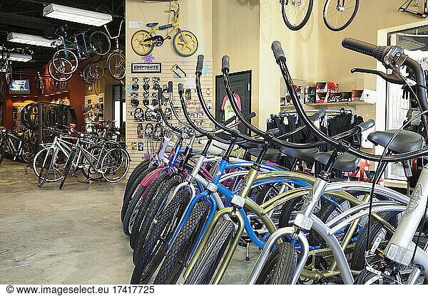 Cycle repair shop interior  rows of bicycles.