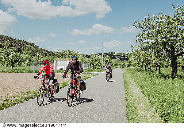 Cyclists riding in a cycle line in Germany