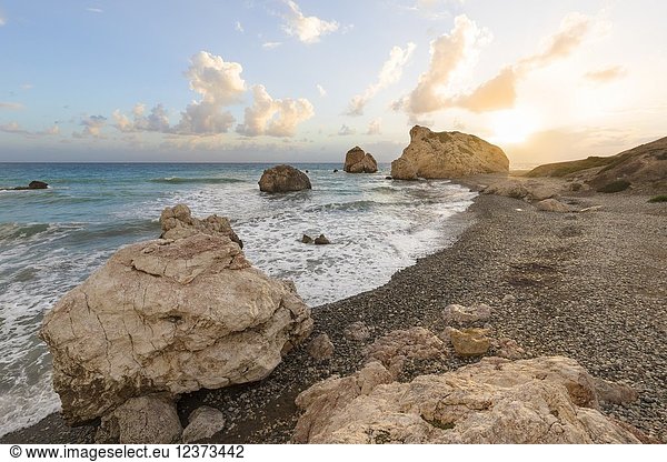 Cyprus  Paphos  Petra tou Romiou also known as Aphrodite’s Rock at sunset.