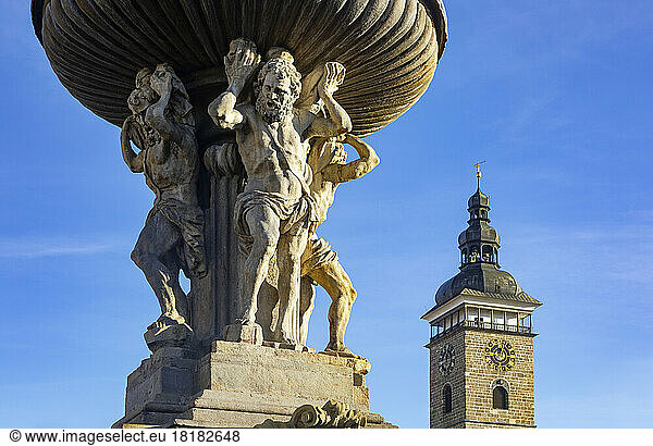Czech Republic  South Bohemian Region  Ceske Budejovice  Samson Fountain on Premysl Otakar II Square with Black Tower in background