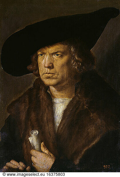 Dürer  Albrecht 1471–1528 German painter.“Bildnis eines bartlosen Mannes mit großem Barett (Portrait of a beardless man with large beret   1521.Oil on oak  50 × 36 cm.Madrid  Museo del Prado.