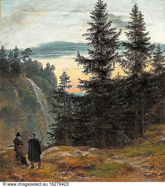 Dahl Johan Christian Clausen - Blick über eine Bergschlucht mit Wasserfall - Norwegische Schule - 19. Jahrhundert.