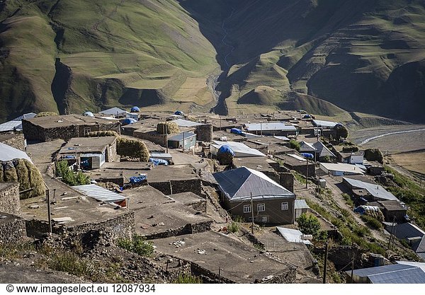 Daily life in the highest village of Azerbaijan. Houses on the top of Khinalig village Quba region Azerbaijan. Khinalig is an ancient village deep in the Caucasian mountains on the height of more than 2 300 meters above the sea level.