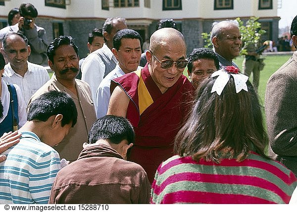 Dalai Lama 14th (Tenzin Gyatso)  * 6.7.1935  Tibetan lama and politician  half length  with Tibetan children  SOS Children`s Villages  New Delhi  India  March 1991