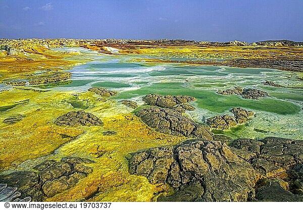 Dallol sulfur springs  hot springs in the Danakil Depression discharge brine and acidic liquid in green acid ponds  Afar Region  Ethiopia  Africa