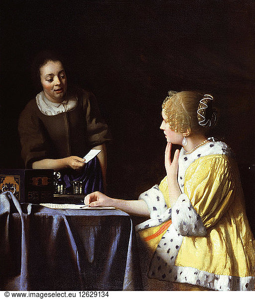 Dame mit ihrem Dienstmädchen  das einen Brief hält. Künstler: Vermeer  Jan (Johannes) (1632-1675)