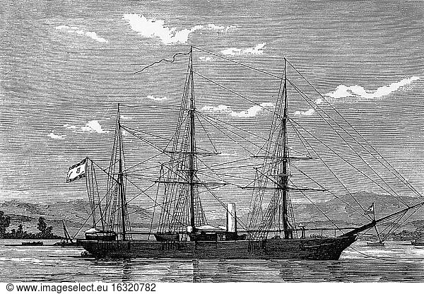 Dampfkorvette Narvaez der spanischen Marine. Antike Illustration. 1865.
