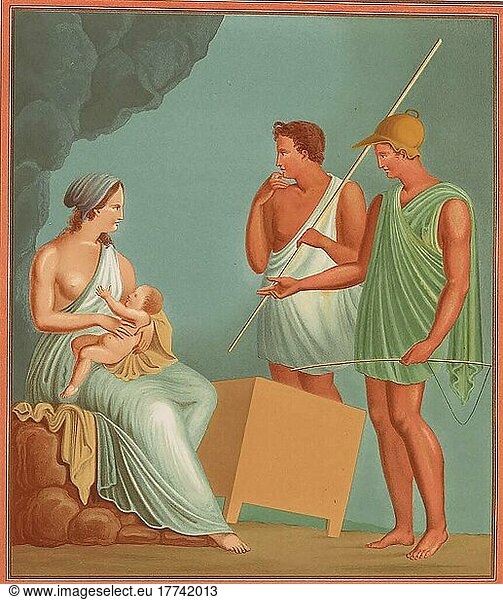 Danae  in der griechischen Mythologie die Tochter des Akrisios und der Aganippe  Geliebte des Zeus  auf der Insel Seriphe  Wandmalerei  Fresko aus dem historischen Pompeji  digital restauriert